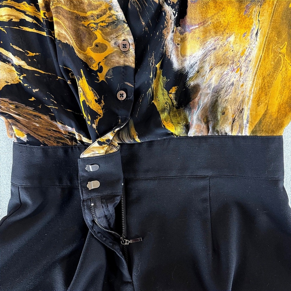Black Halo Sheer Watercolor Blouson Sheath Dress Black Mustard Women 12 - Picture 7 of 9